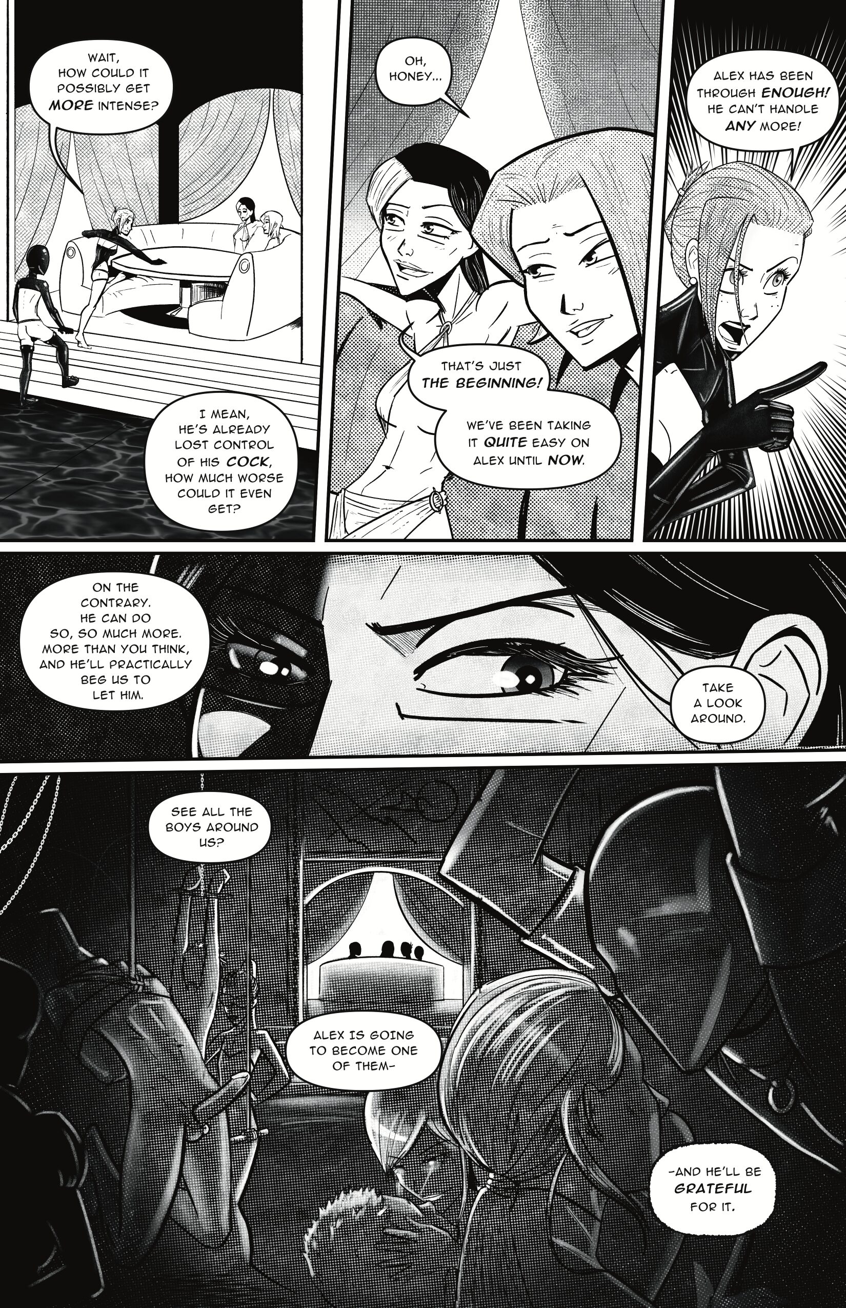 A black-and-white comic panel depicting Morgan, Addy, and Alex in a BDSM club. Morgan, with a knowing smile, reassures Addy that Alex can handle more than he thinks. Addy looks panicked while Morgan points to the submissive men surrounding them. The final panel shows masked submissive men in bondage gear as Morgan ominously suggests Alex will soon join them—and be grateful for it.