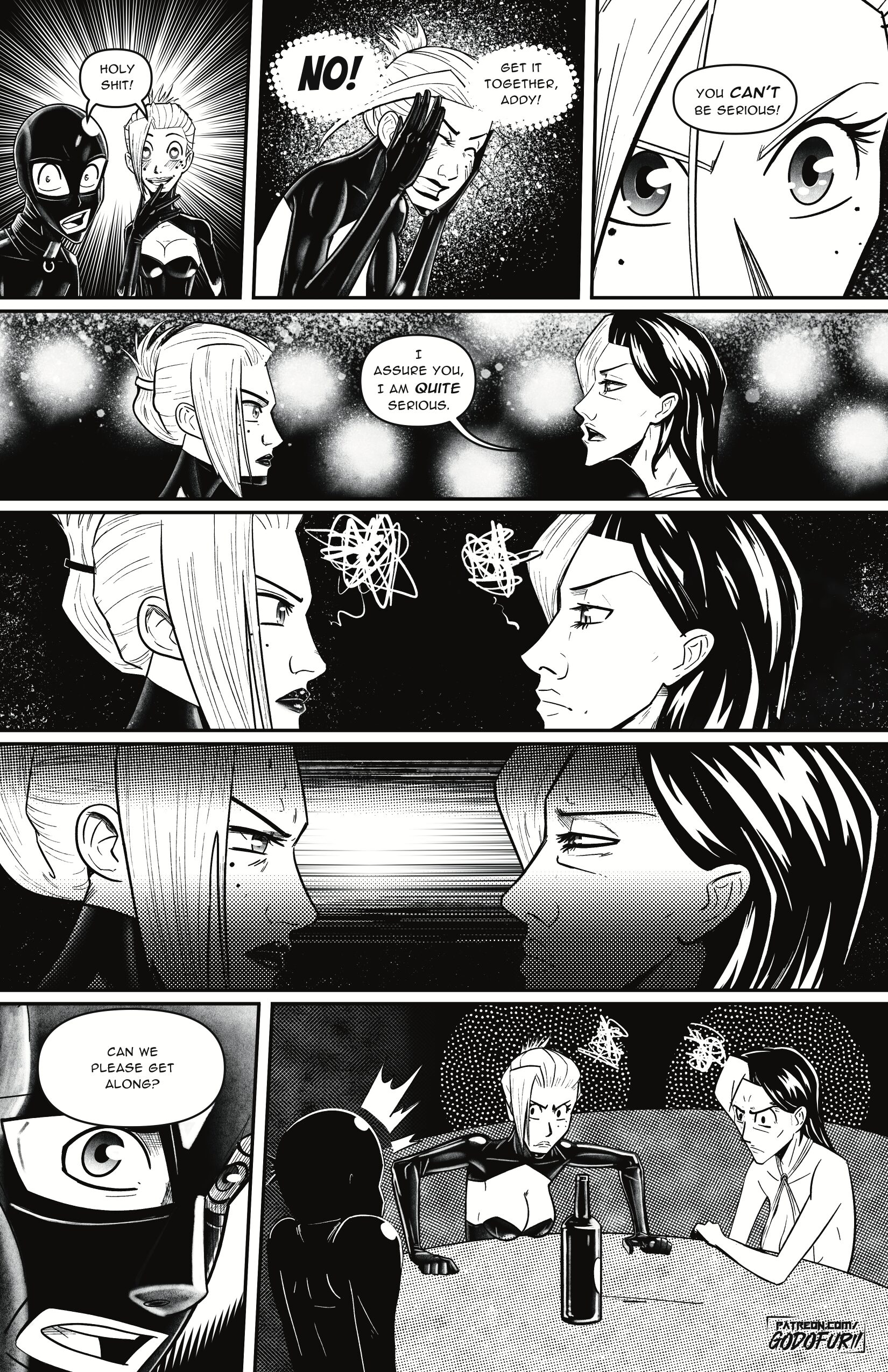 Comic panel from Locked in Love showing Addy confronting Morgan in a dim, opulent BDSM club, with Alex in the background displaying submission and tension.