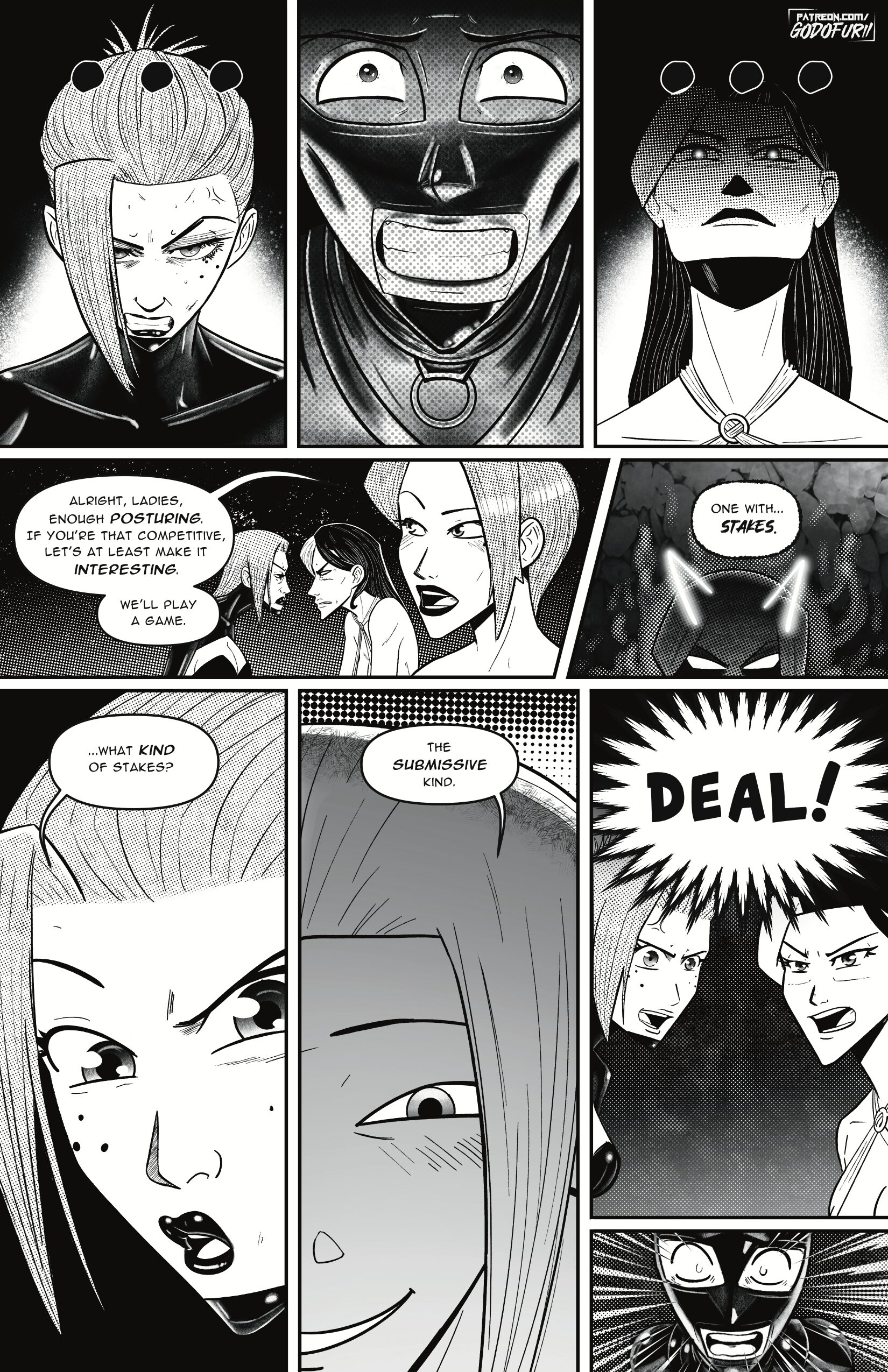 Black-and-white comic page from “Locked in Love: The Life Coach” featuring a dramatic power struggle between Addy and Gwen. Morgan proposes a high-stakes game to settle their tension. The stakes? Control over the submissive, Alex. The final panel shows Alex in a latex hood, shocked and wide-eyed.