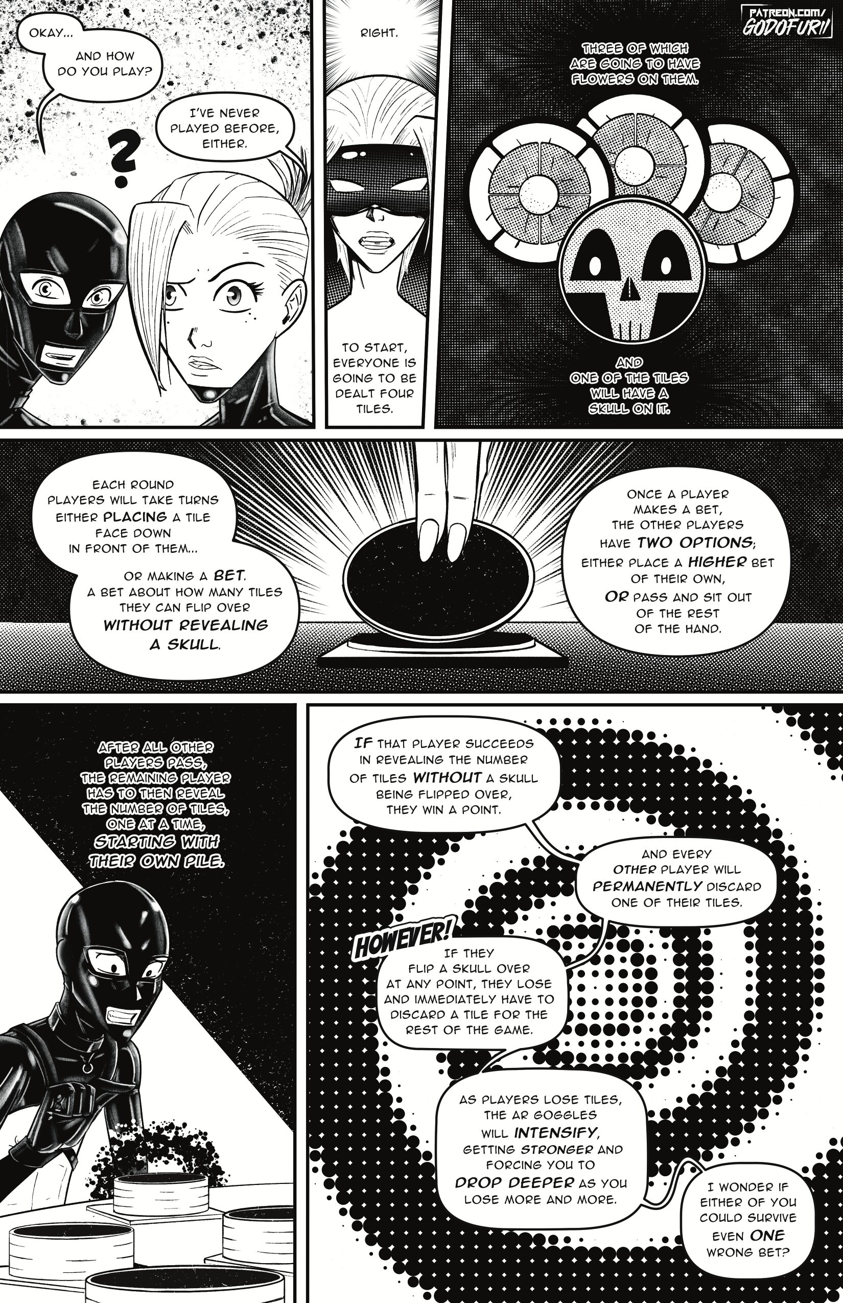 A black-and-white erotic comic page featuring masked characters learning the rules to a hypnotic, high-stakes BDSM version of the bluffing game Skull. Gwen explains that each player receives four tiles—three with flowers and one with a skull. Players take turns placing a tile or betting how many flower tiles they can flip without revealing a skull. If they succeed, they gain a point, and everyone else discards a tile. If they fail, they lose a tile—and the game becomes more intense as the AR goggles tighten control. One character nervously places their first tile as the rules intensify.